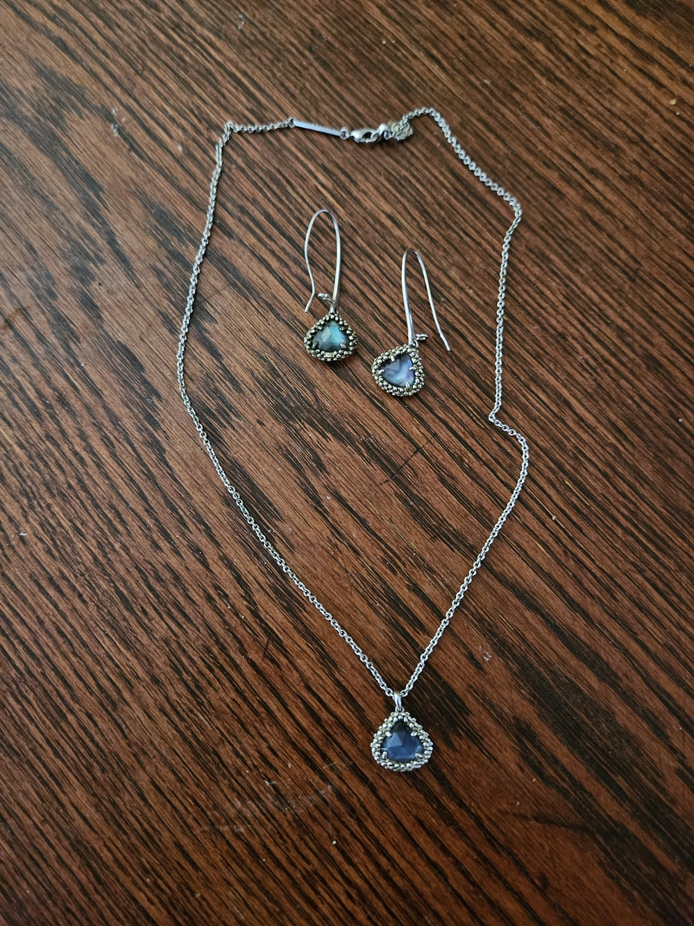 Kendra Scott Silver Teardrop Sapphire Blue Pendant Necklace and Earrings